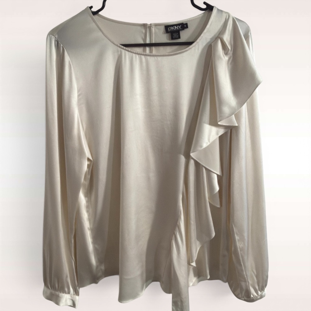 DKNY Silk Blend Ruffle Front Blouse Cream Women Medium Elegant Long Sleeve